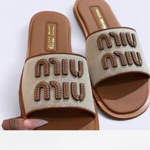 Miu Miu Brown and Cream Slide Sandals